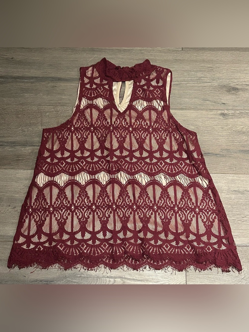 love Fire Burgundy Lace Shell with Nude Lining Tank Top
